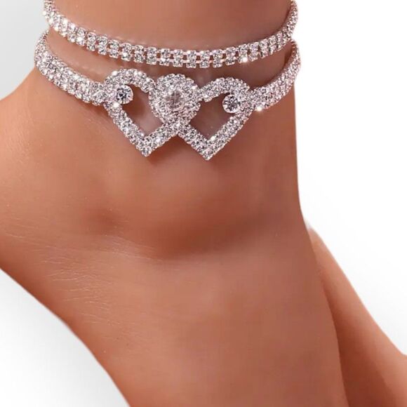 Silver Crystal Open Hearts Tennis Heart Bracelet Ankle Set 2 pc NEW - Picture 1 of 3